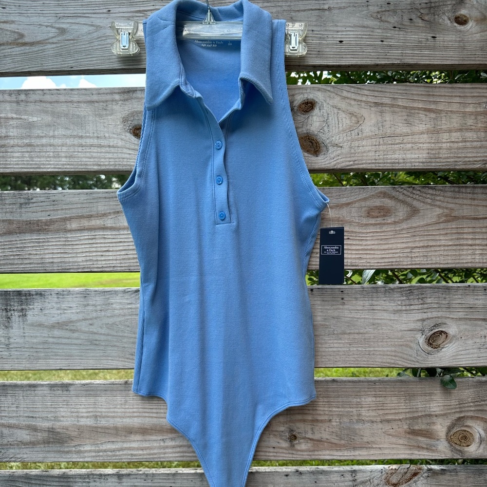 New Abercrombie & Fitch Womans Sz L Soft A&F Ribbed Polo Bodysuit Blue NWT